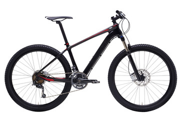 Fototapeta na wymiar Black Carbon Mountain Bike 27.5 With Dual Suspension Fork in White Background