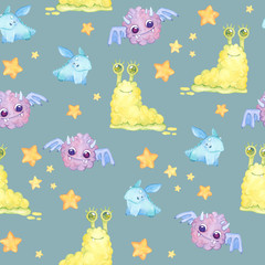 Seamless pattern with colorful, bright monsters, stars. Watercolor kids cartoon illustration. Hand drawn character.