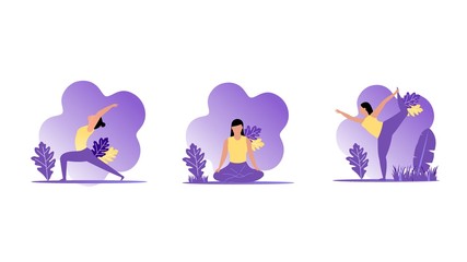 Woman does yoga exercise, yoga pose. Web page template of Yoga School, Studio.vector illustration,Suitable For web landing page,Wallpaper, Background, Card, banner,Book Illustration