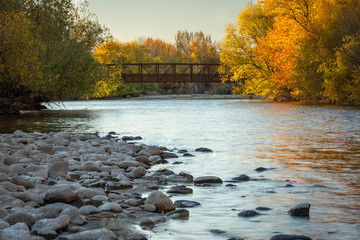 Landscape of the Boise river in Idaho in the fall. Green belt, Boise. - obrazy, fototapety, plakaty