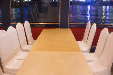 Ferry inside interior. Empty table
