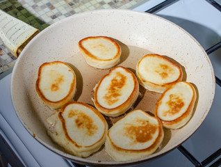 pancakes on a frying pan fried