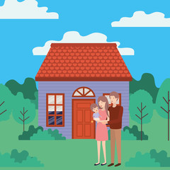 Obraz na płótnie Canvas cute and happy family members outdoor the house