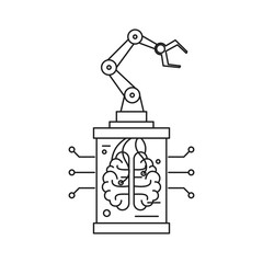 Concept of artificial intelligence, machine learning and robotics. Outline thin line illustration. Flat and isolated on white background. 