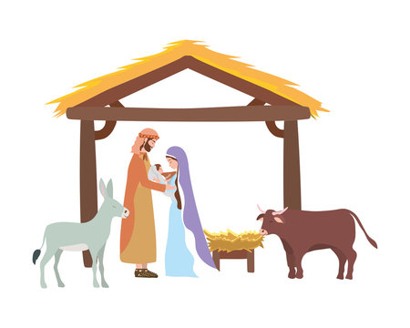 cute holy family and animals in stable manger characters