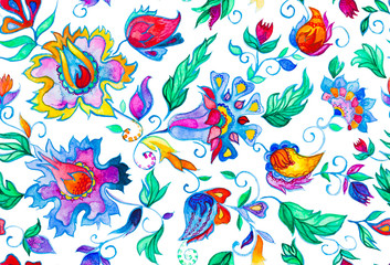 Watercolor hand painted paisley pattern. Whimsical flowers, leaves, brunches, paisley. Oriental illustration. Islam, Arabic, Indian, moroccan, spain, turkish, pakistan, chinese, mystic, ottoman motifs