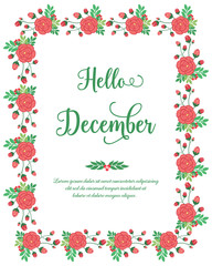 Various card hello december, with design style of red flower frame. Vector