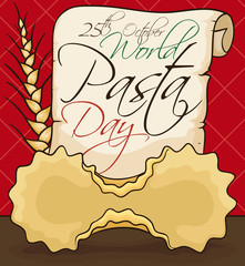 Farfalline Scroll with Reminder to Celebrate World Pasta Day, Vector Illustration