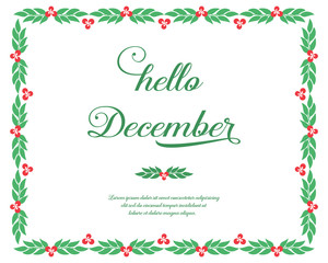 Template for poster hello december, with cute green leafy floral frame. Vector