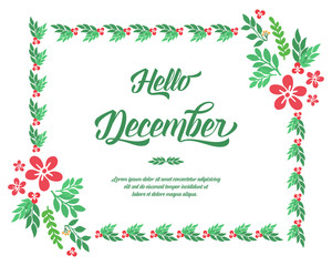 Fototapeta na wymiar Template for poster hello december, with cute green leafy floral frame. Vector