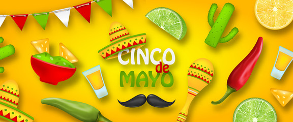 Holiday Celebration Poster for Cinco De Mayo with Chili Pepper, Sombrero Hat, Maracas, Piece of Lime, Cactus