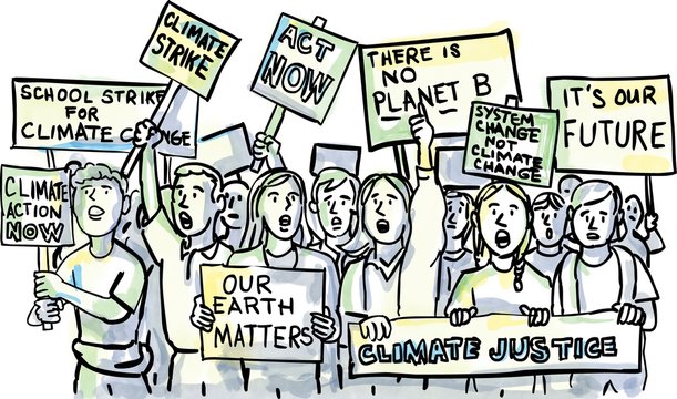 Young Students Protesting on Climate Change Watercolor