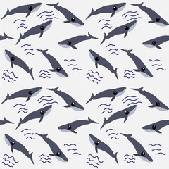 Seamless pattern cute whale ocean vector background isolated wallpaper. Touching animals of the sea. Description
