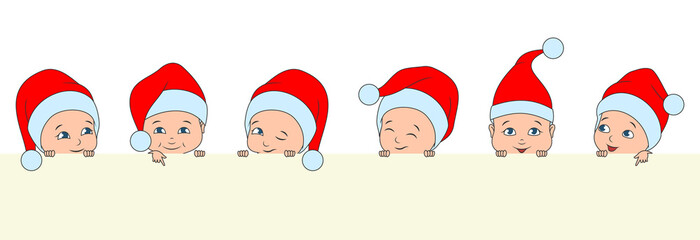 Set Christmas Children, Babies in Santa Hats. Boys and Girls with Clean Note