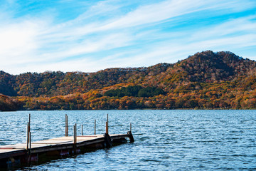 山を背景に湖の桟橋／This lake is located on Mt. Akagi in Gunma Prefecture, Japan.