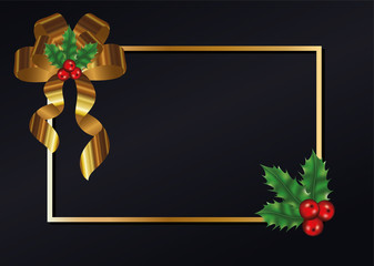 merry christmas leafs with cherries and bowtie in golden frame