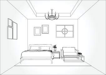 Linear sketch of an interior. Living room and bedroom drawing plan. Sketch Line sofa set. Vector illustration.outline sketch drawing perspective of a interior space.