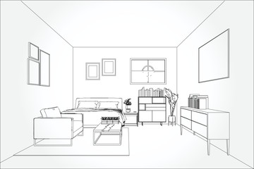 Linear sketch of an interior. Living room and bedroom drawing plan. Sketch Line sofa set. Vector illustration.outline sketch drawing perspective of a interior space.