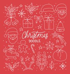 happy merry christmas card with calligraphy font and set icons