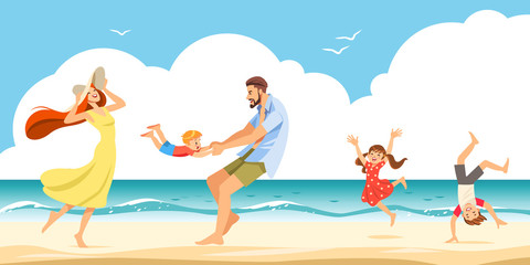 Obraz na płótnie Canvas Good relations in family. The cheerful family taking a rest on a sandy shore in the seaside. Vector illustration.