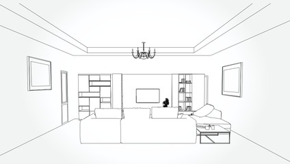Linear sketch of an interior. Living room and bedroom drawing plan. Sketch Line sofa set. Vector illustration.outline sketch drawing perspective of a interior space.
