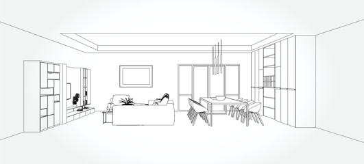 Linear sketch of an interior. Living room and bedroom drawing plan. Sketch Line sofa set. Vector illustration.outline sketch drawing perspective of a interior space.
