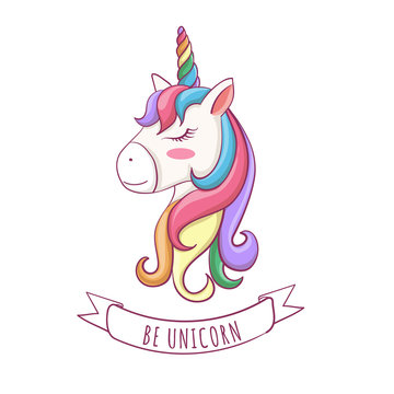 vector illustration of unicorn cute head with hair rainbow.