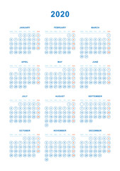 Simple Calendar 2020 year. Week starts from Monday. Flat vector illustration EPS10