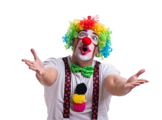Funny clown acting silly isolated on white background