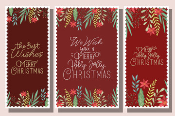 Obraz na płótnie Canvas bundle of merry christmas card with calligraphy and floral decoration