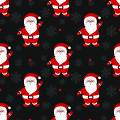 Vector seamless Christmas pattern with cute Santa Claus on black background. Holiday design for greeting card, gift box, wallpaper, fabric, textile, web design.