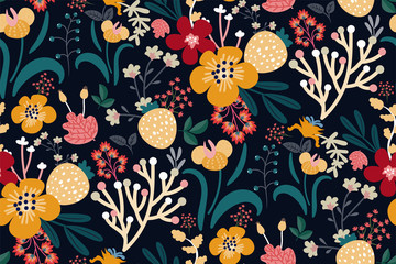 Bright floral print with various hand drawn flowers, leaves, berries on a dark background. Abstract colorful pattern. Vector seamless pattern. Plant flower nature wallpaper. Original design.