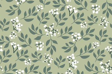 Floral seamless pattern, pastel print. Flowers and leaves in hand drawn style on a light green background. Decorative ornament background for fabric, textile, wrapping paper, card, wallpaper...Vector. - 298206977