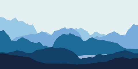 Landscape with blue silhouettes of hills, mountains and lake