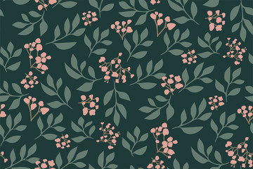 Seamless floral pattern with tree branches and small pink flowers on dark green background. Vintage Botanical print, Wallpaper, fashion template... Modern retro design. Hand drawn vector illustration. - 298207188