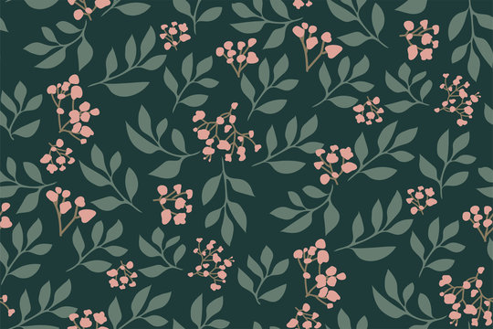 Seamless floral pattern with tree branches and small pink flowers on dark green background. Vintage Botanical print, Wallpaper, fashion template... Modern retro design. Hand drawn vector illustration.