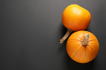 Fresh ripe pumpkins on black background, flat lay with space for text. Holiday decoration