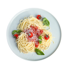 Tasty pasta with tomatoes, cheese and basil on white background. Top view
