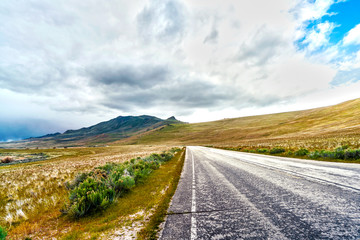 The scenic drive along the shores of Antelope Island by the Great Salt Lake in Utah, United States.