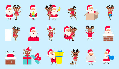 Set Santa Clauses and Deers. Christmas Cartoon Happy Characters