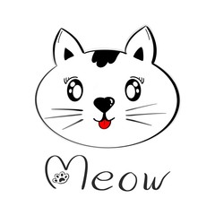 Hand drawing. Cute Meow (Cat) sticking out tongue isolated on white background. Can be use for sticker, icon, badge, logo, card or decorate any advertising.