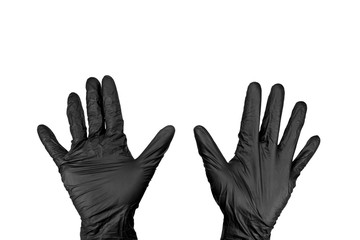 male hands up in black latex gloves isolated on white background