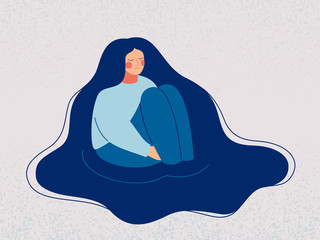Depressed woman wallows in her sad thoughts. Upset woman sits in a puddle full of tears, her hands clasped around her ankles, immersed herself in sorrow recollections. Vector illustration