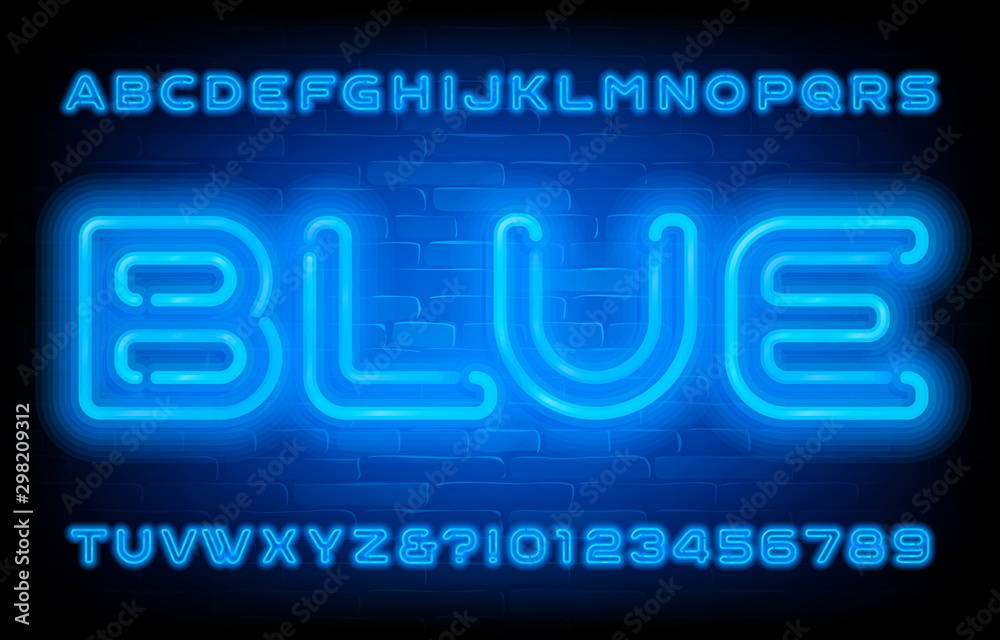Fototapete blue neon alphabet font. neon light letters, numbers and symbols on brick wall background. stock vec
