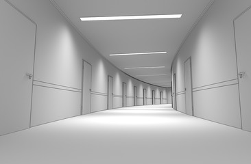 long corridor with doors, interior visualization, 3D illustration