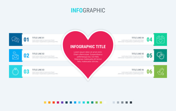 Colorful diagram, infographic template. Love infographic template with 6 steps. Heart workflow process for valentines. Vector design. Cold palette.