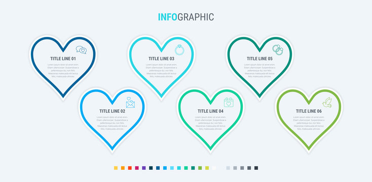 Infographic template. 6 hearts design with beautiful colors. Vector timeline elements for presentations. Cold palette.