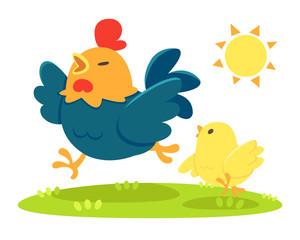 Cute cartoon style chickens running under sunlight illustration