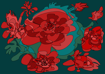 A Red Bouquet of Roses. Abstract decorative hand-drawn artwork with red roses. It can be used as a greeting card, background, decorative fabric pattern, wallpaper. Zentangle fractal used in art therap