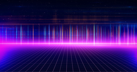 Retro Sci-Fi Background Futuristic Grid landscape of the 80`s. Digital Cyber Surface. Suitable for design in the style of the 1980`s. 3D illustration